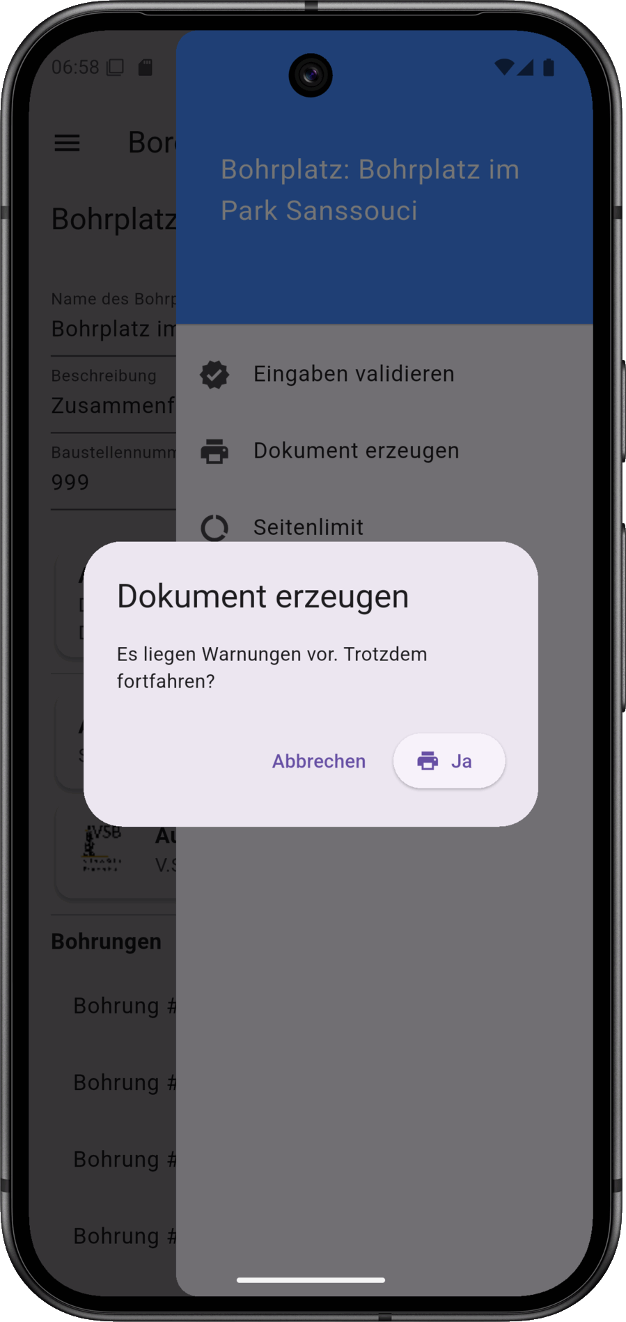 Dokumentation zum Bohrplatz erzeugen