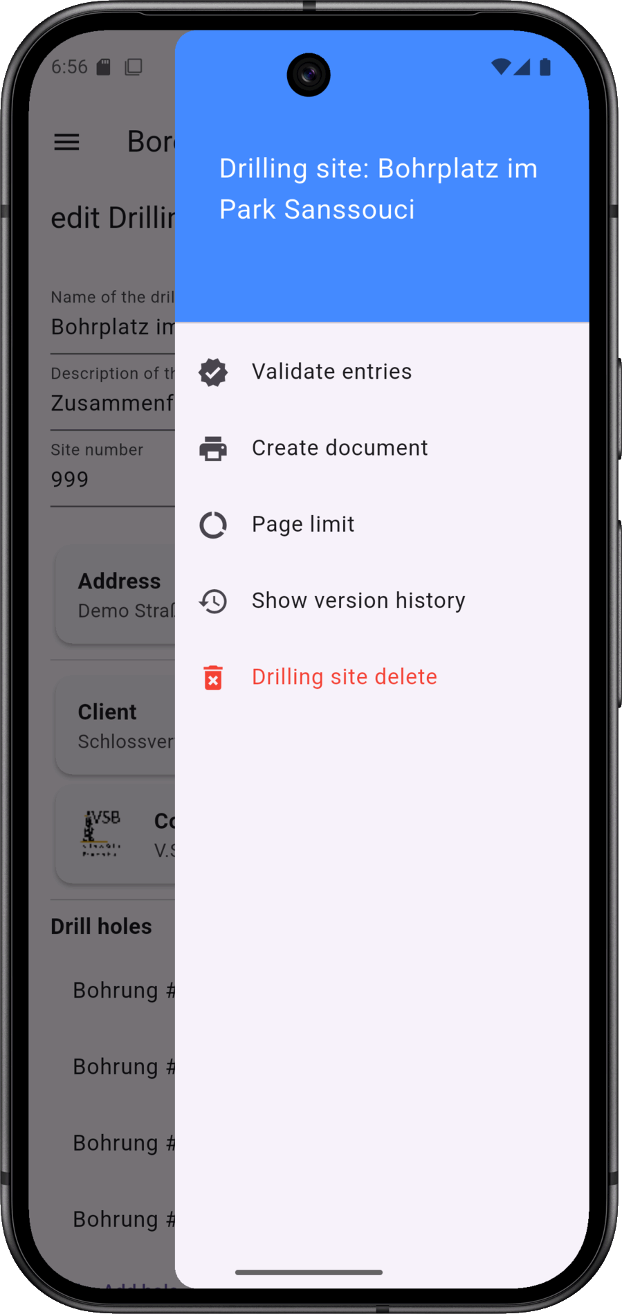 Menu contextuel du site de forage